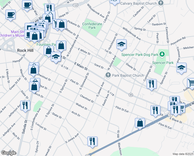 map of restaurants, bars, coffee shops, grocery stores, and more near 654 E Main St in Rock Hill