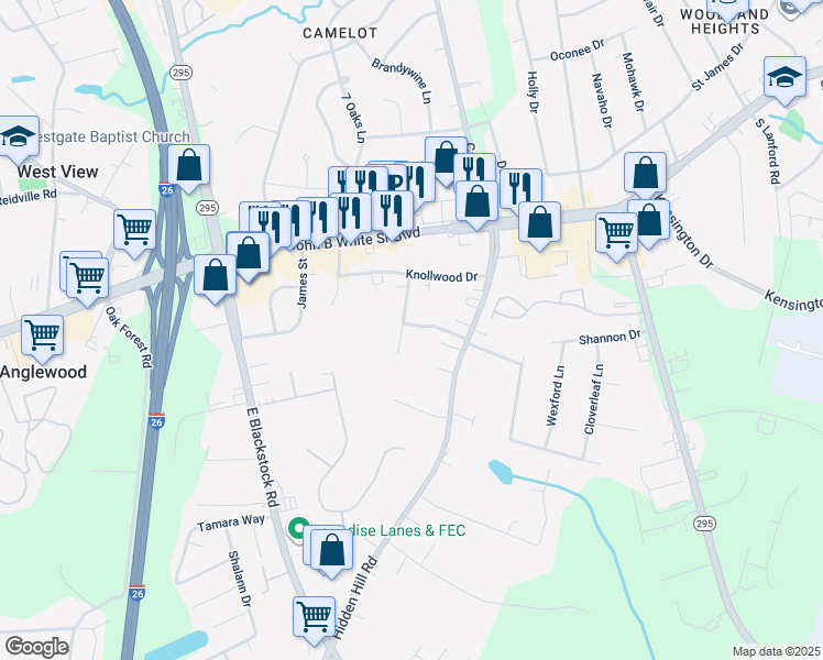 map of restaurants, bars, coffee shops, grocery stores, and more near 213 Strange Court in Spartanburg