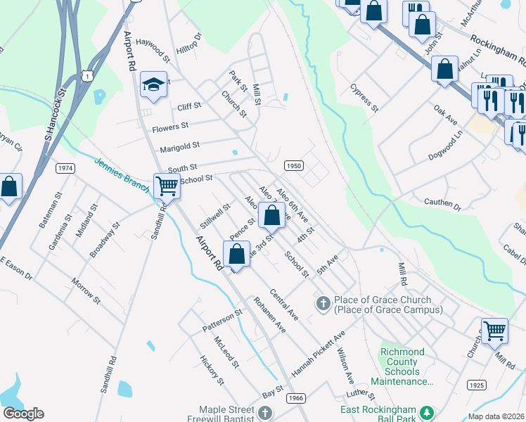 map of restaurants, bars, coffee shops, grocery stores, and more near 117 Aleo 9th Avenue in Rockingham