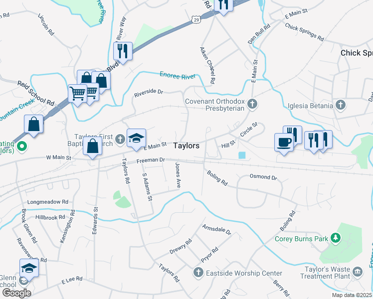 map of restaurants, bars, coffee shops, grocery stores, and more near 102 East Main Street in Taylors