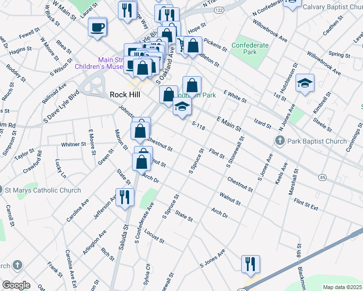 map of restaurants, bars, coffee shops, grocery stores, and more near 313 South Confederate Avenue in Rock Hill