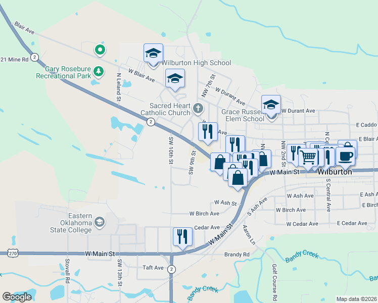 map of restaurants, bars, coffee shops, grocery stores, and more near 904 Oklahoma 2 in Wilburton