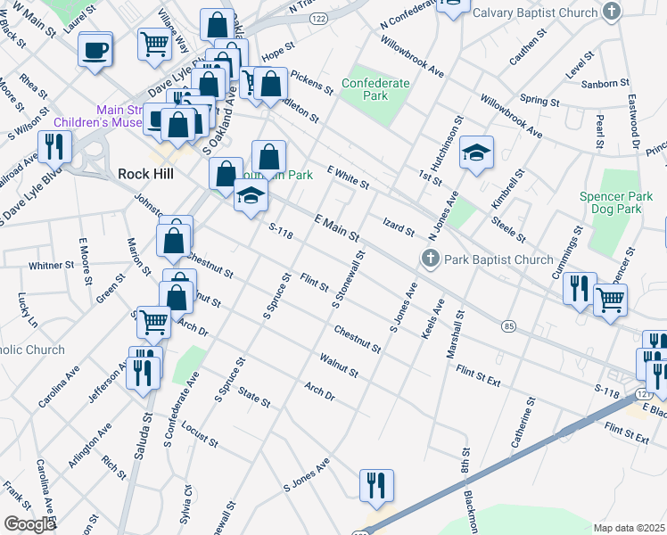 map of restaurants, bars, coffee shops, grocery stores, and more near 542 East Black Street in Rock Hill