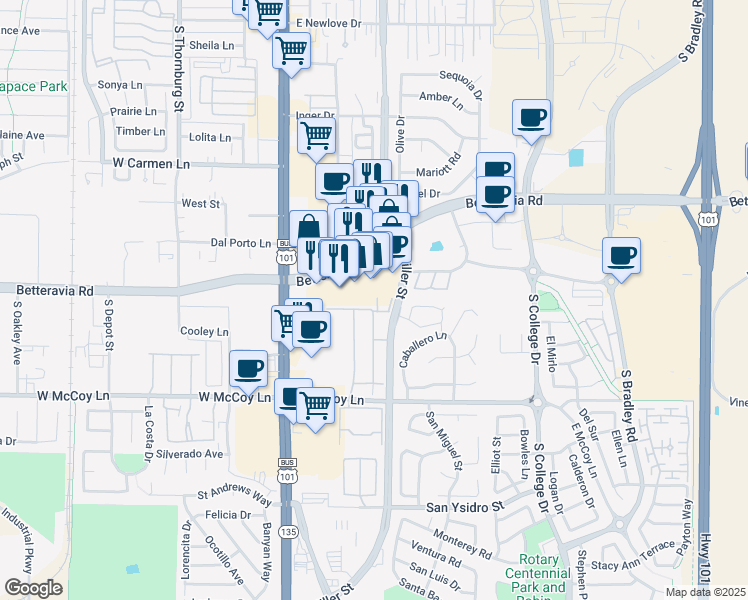 map of restaurants, bars, coffee shops, grocery stores, and more near 323 Gilea Court in Santa Maria