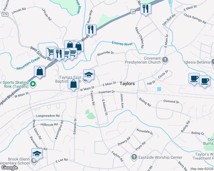 map of restaurants, bars, coffee shops, grocery stores, and more near 12 East Main Street in Taylors