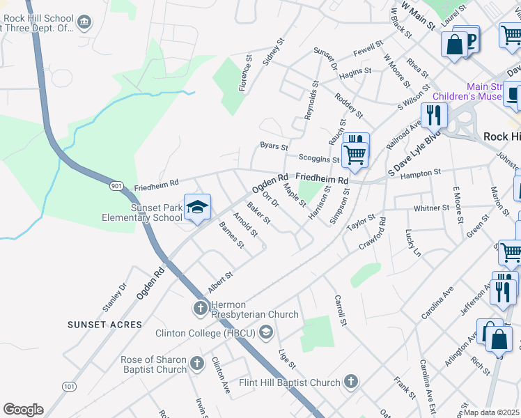 map of restaurants, bars, coffee shops, grocery stores, and more near 367 Baker Street in Rock Hill