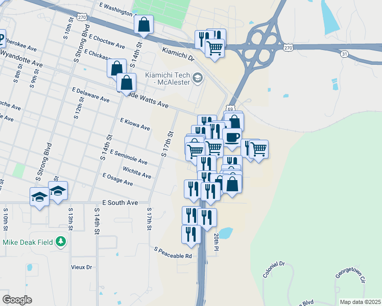 map of restaurants, bars, coffee shops, grocery stores, and more near 1701-1775 East Comanche Avenue in McAlester