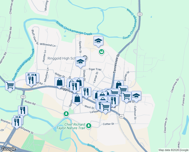 map of restaurants, bars, coffee shops, grocery stores, and more near 103 Lamar Street in Ringgold