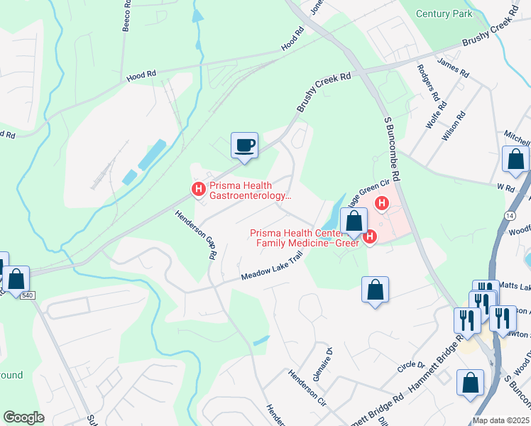 map of restaurants, bars, coffee shops, grocery stores, and more near 205 Brushy Meadows Drive in Greer