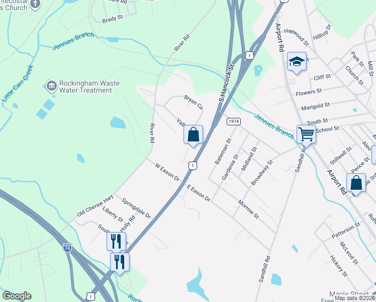 map of restaurants, bars, coffee shops, grocery stores, and more near 121 Edwards Circle in Rockingham
