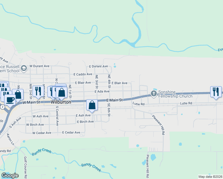 map of restaurants, bars, coffee shops, grocery stores, and more near 401-499 E Ada Ave in Wilburton