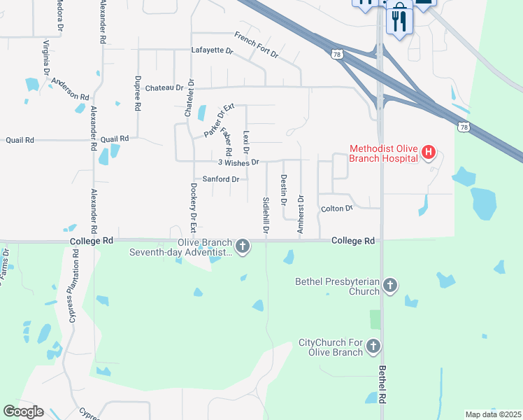 map of restaurants, bars, coffee shops, grocery stores, and more near 4078 Sidlehill Drive in Olive Branch
