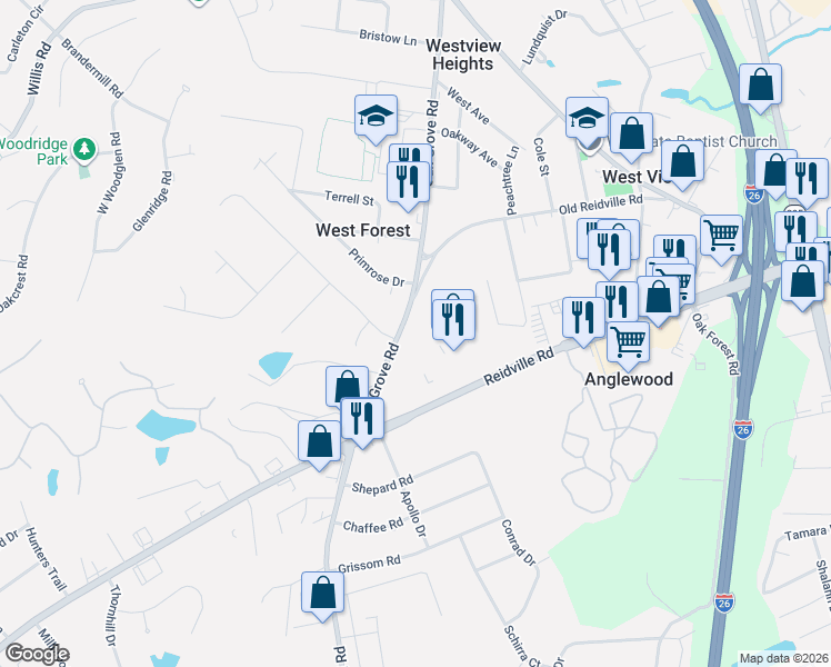 map of restaurants, bars, coffee shops, grocery stores, and more near 525 Oak Grove Road in Spartanburg