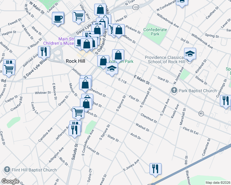 map of restaurants, bars, coffee shops, grocery stores, and more near 313 South Confederate Avenue in Rock Hill