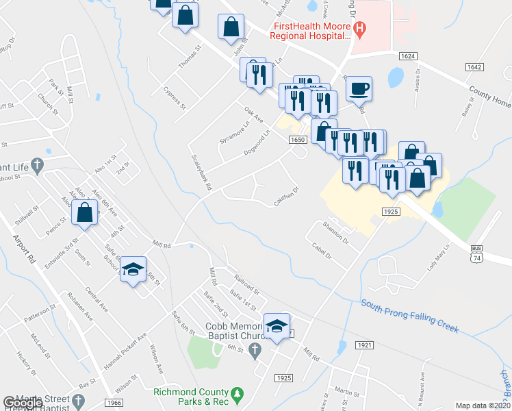 map of restaurants, bars, coffee shops, grocery stores, and more near 1423 Cauthen Drive in Rockingham