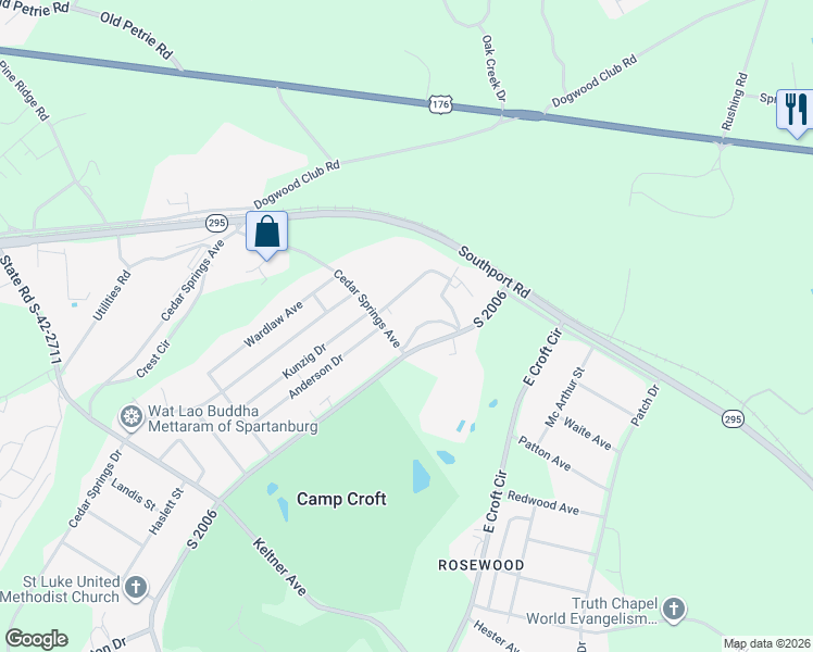 map of restaurants, bars, coffee shops, grocery stores, and more near 129 Griswald Circle in Spartanburg