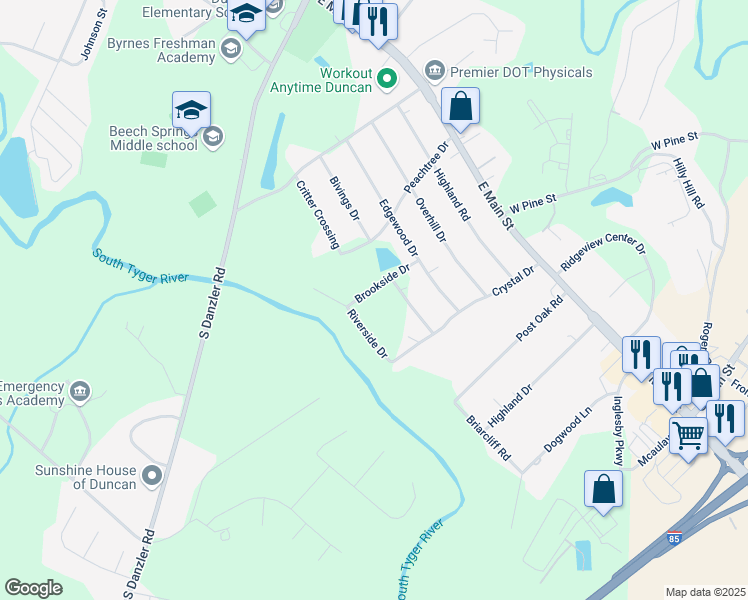 map of restaurants, bars, coffee shops, grocery stores, and more near 203 Brookside Dr in Duncan