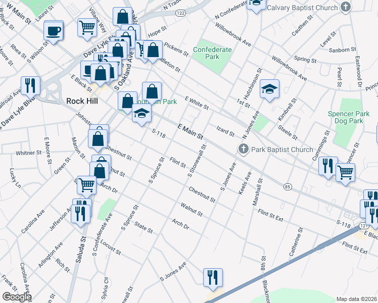 map of restaurants, bars, coffee shops, grocery stores, and more near 536 East Black Street in Rock Hill