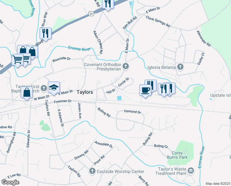 map of restaurants, bars, coffee shops, grocery stores, and more near 3 Hill Street in Taylors