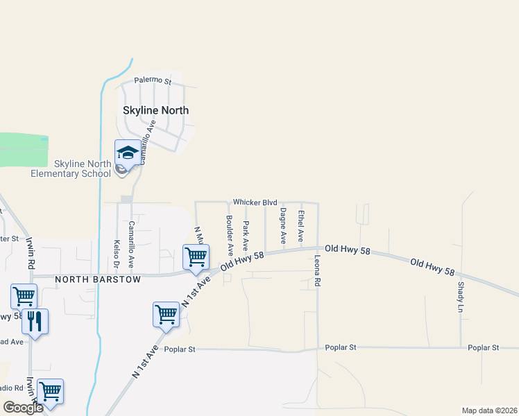 map of restaurants, bars, coffee shops, grocery stores, and more near 36873 Park Avenue in Barstow