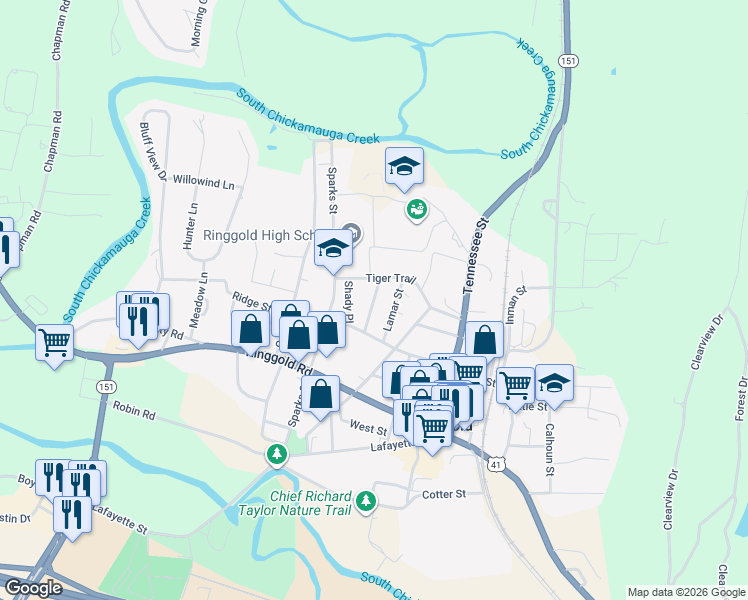 map of restaurants, bars, coffee shops, grocery stores, and more near 103 Lamar Street in Ringgold