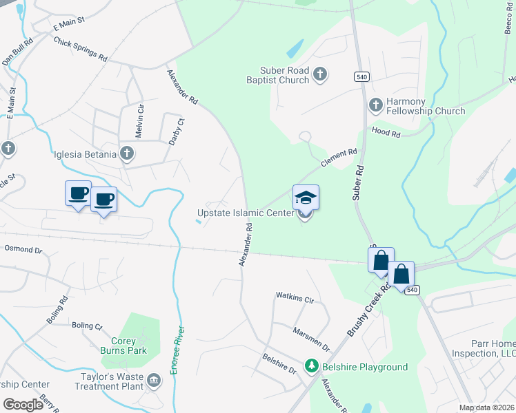 map of restaurants, bars, coffee shops, grocery stores, and more near 1630 Clement Road in Greer