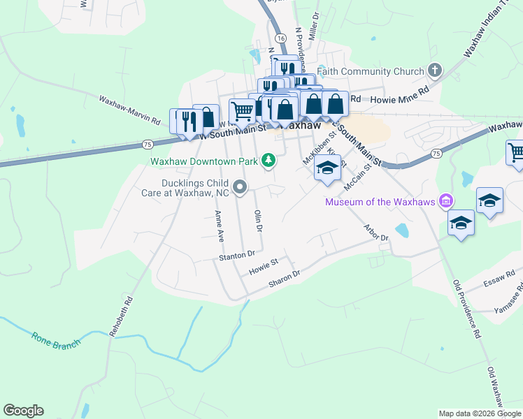 map of restaurants, bars, coffee shops, grocery stores, and more near 501 Olin Drive in Waxhaw
