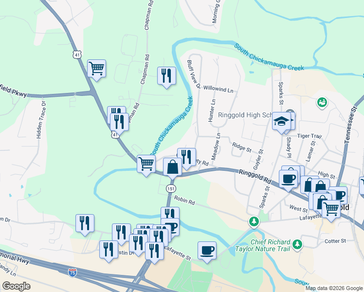 map of restaurants, bars, coffee shops, grocery stores, and more near 184 Old County Road in Ringgold