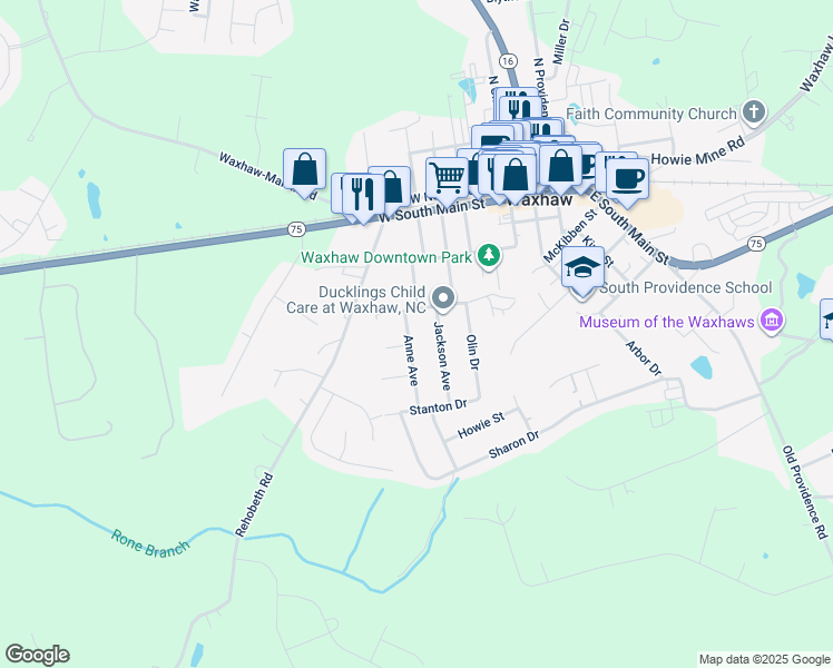 map of restaurants, bars, coffee shops, grocery stores, and more near 415 Anne Avenue in Waxhaw