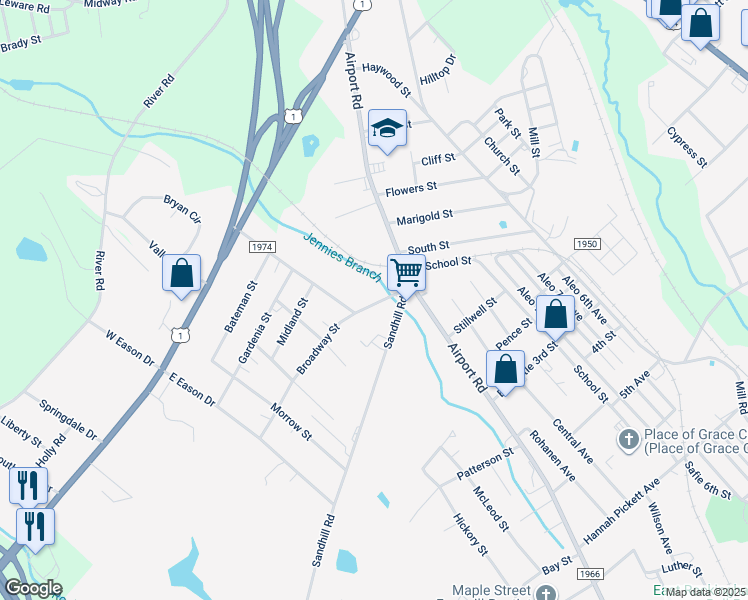 map of restaurants, bars, coffee shops, grocery stores, and more near 116 Broadway Street in Rockingham