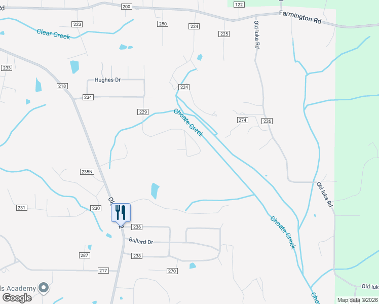 map of restaurants, bars, coffee shops, grocery stores, and more near 76 County Road 229 in Corinth