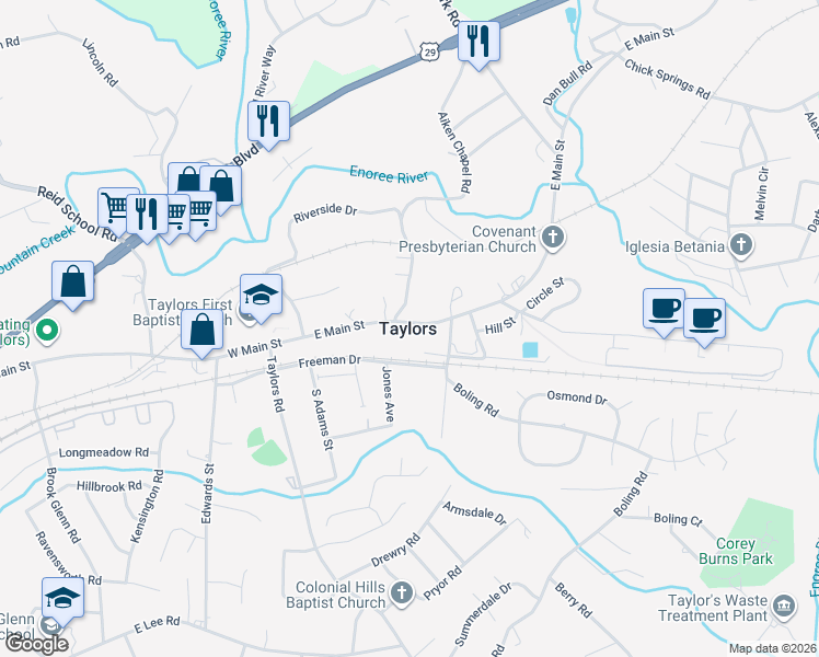 map of restaurants, bars, coffee shops, grocery stores, and more near in Taylors