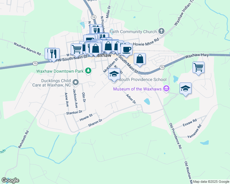 map of restaurants, bars, coffee shops, grocery stores, and more near 407 McCain Street in Waxhaw
