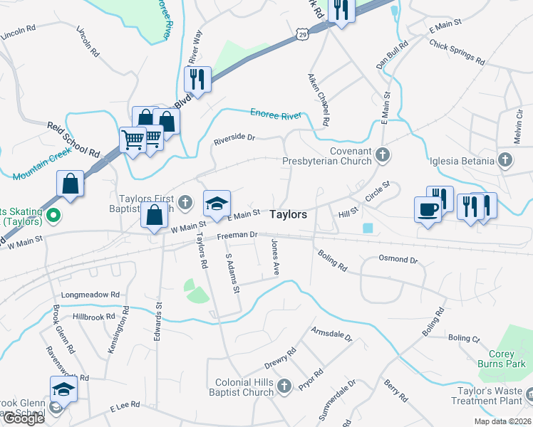 map of restaurants, bars, coffee shops, grocery stores, and more near 28 East Main Street in Taylors