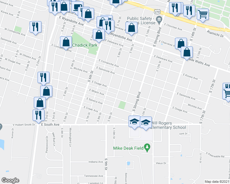 map of restaurants, bars, coffee shops, grocery stores, and more near 805 South 9th Street in McAlester