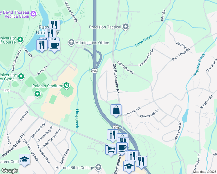 map of restaurants, bars, coffee shops, grocery stores, and more near 221 Crestview Drive in Greenville