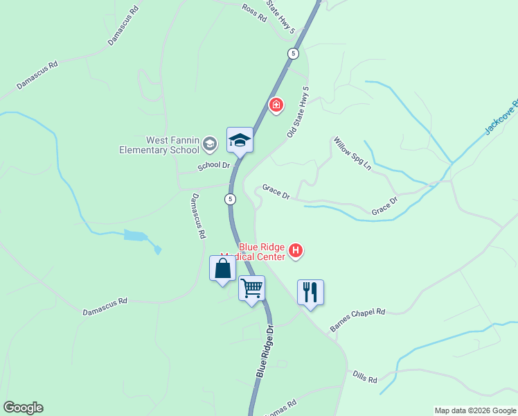 map of restaurants, bars, coffee shops, grocery stores, and more near 2649 Old Highway 5 in Blue Ridge