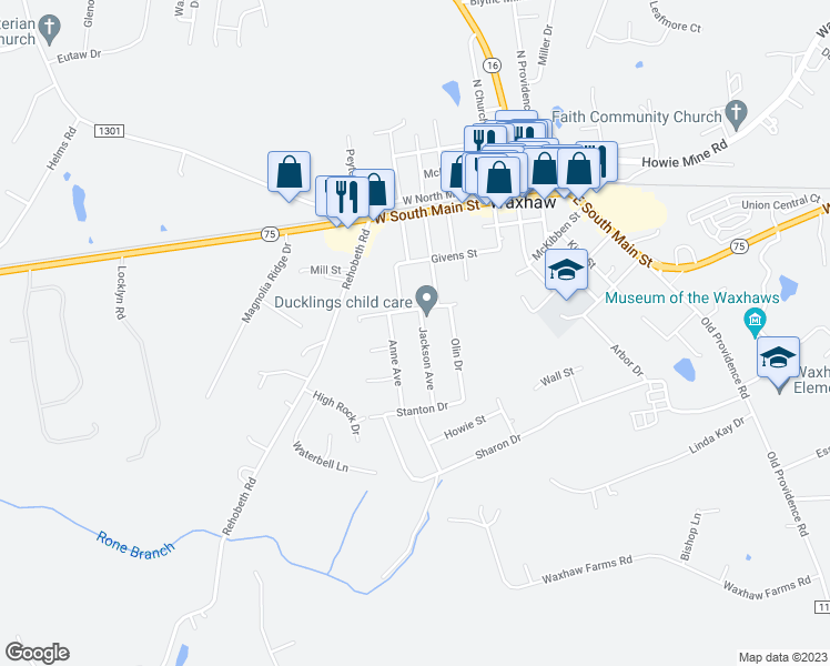 map of restaurants, bars, coffee shops, grocery stores, and more near 416 South Jackson Avenue in Waxhaw