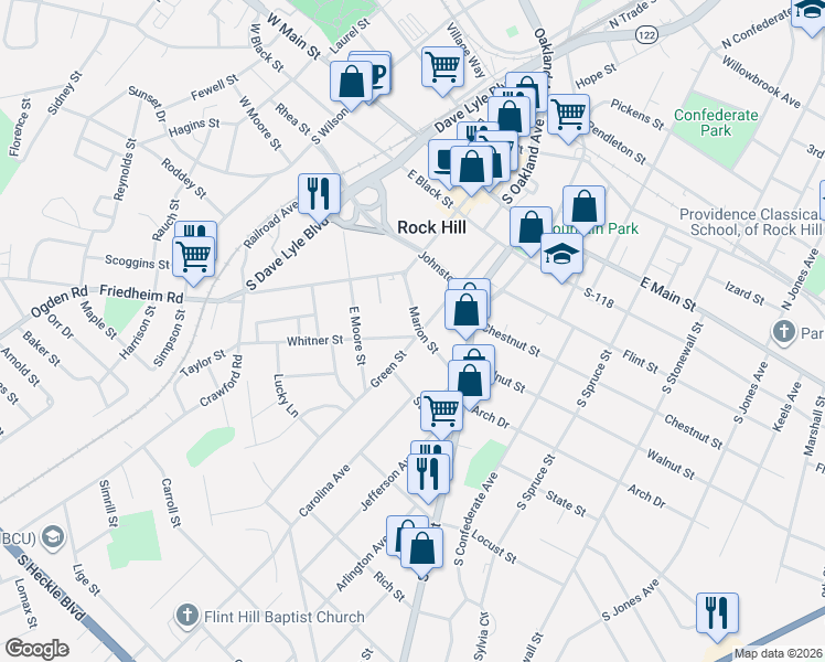 map of restaurants, bars, coffee shops, grocery stores, and more near 312 Marion Street in Rock Hill