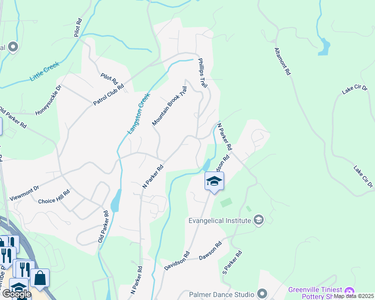 map of restaurants, bars, coffee shops, grocery stores, and more near 1111 North Parker Road in Greenville