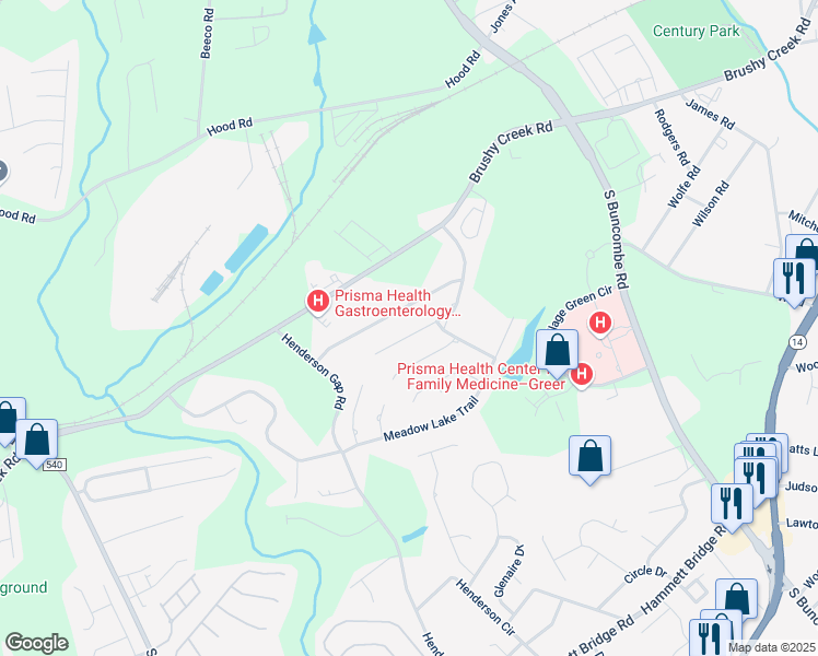 map of restaurants, bars, coffee shops, grocery stores, and more near 205 Brushy Meadows Drive in Greer