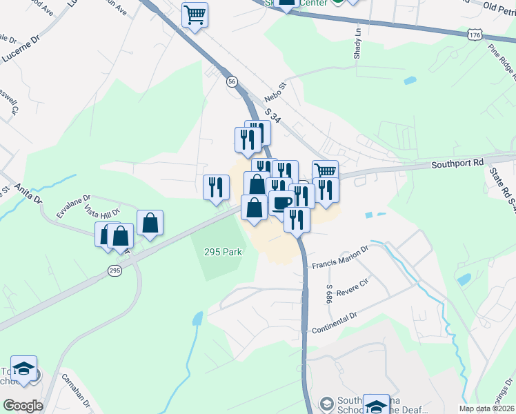 map of restaurants, bars, coffee shops, grocery stores, and more near 2190 Southport Road in Spartanburg