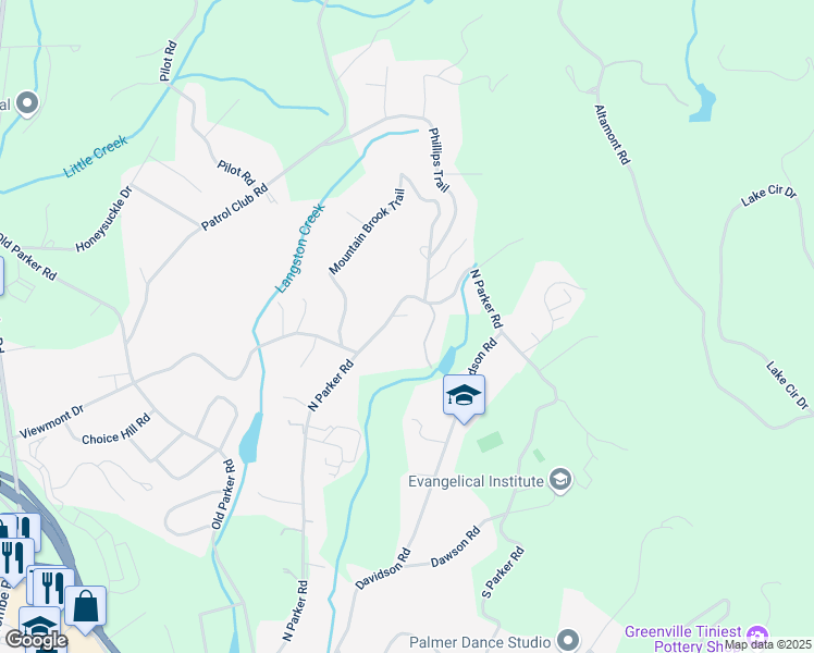 map of restaurants, bars, coffee shops, grocery stores, and more near 1111 North Parker Road in Greenville