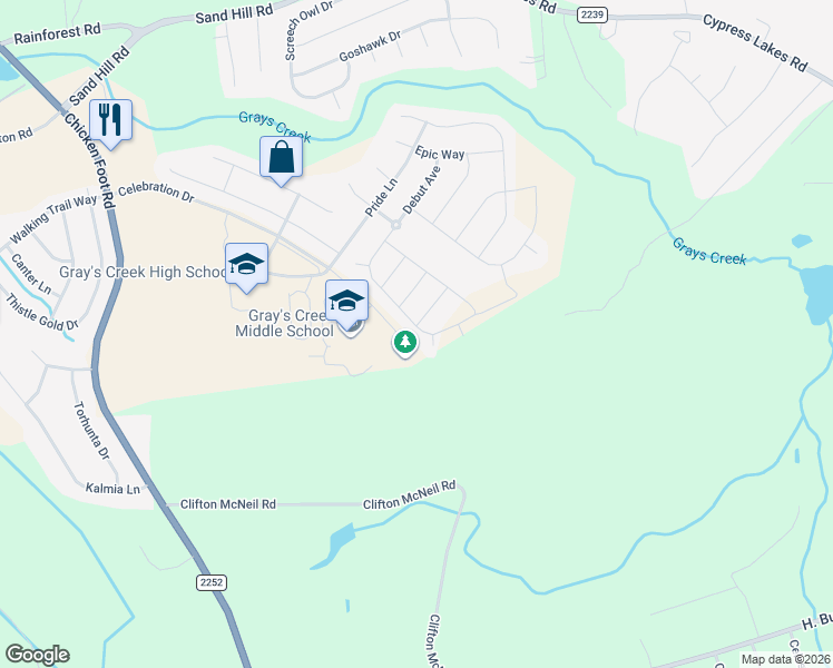 map of restaurants, bars, coffee shops, grocery stores, and more near Celebration Drive in Hope Mills