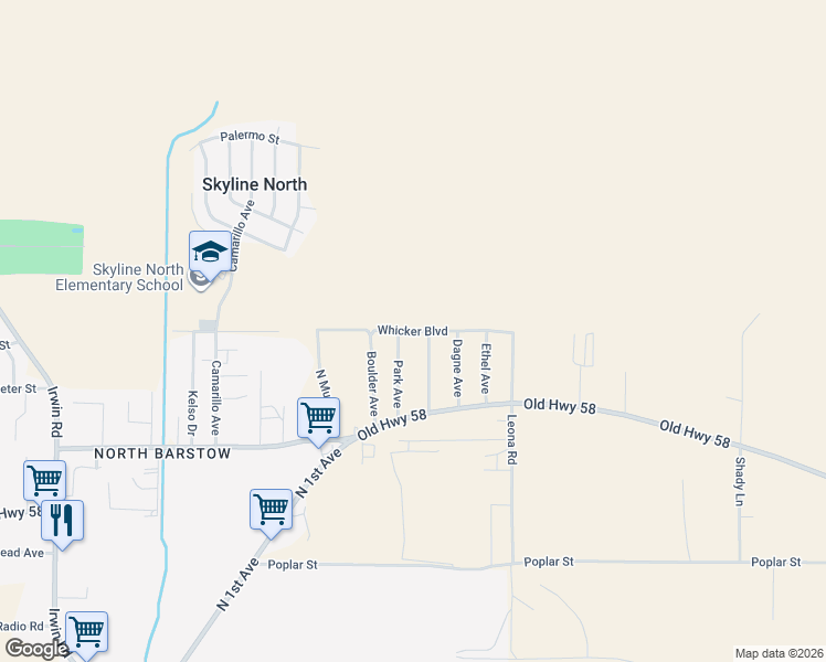 map of restaurants, bars, coffee shops, grocery stores, and more near Whicker Boulevard in San Bernardino County