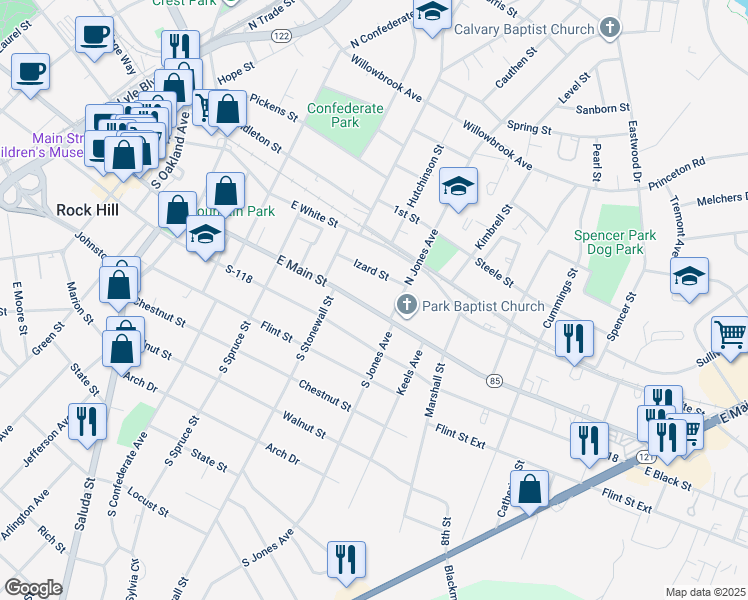 map of restaurants, bars, coffee shops, grocery stores, and more near 653 East Main Street in Rock Hill