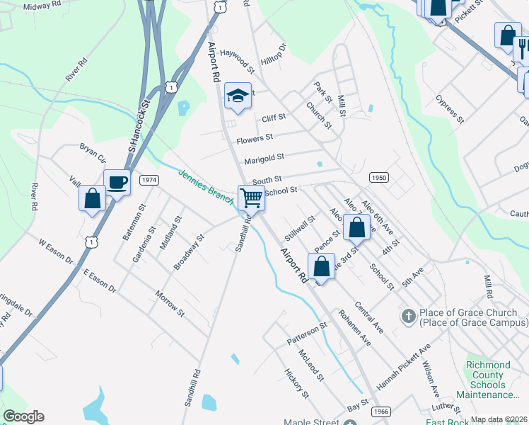 map of restaurants, bars, coffee shops, grocery stores, and more near 253 Airport Road in Rockingham