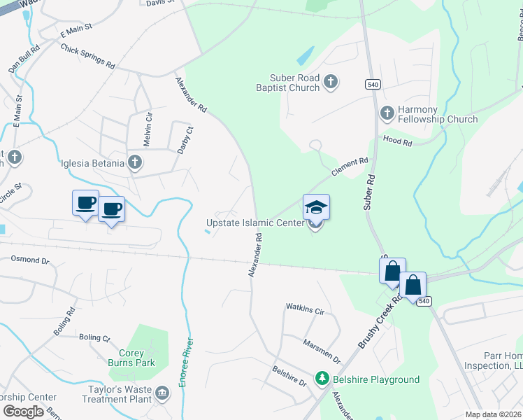 map of restaurants, bars, coffee shops, grocery stores, and more near 1630 Clement Road in Greer
