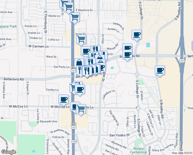 map of restaurants, bars, coffee shops, grocery stores, and more near 321 Gilea Court in Santa Maria