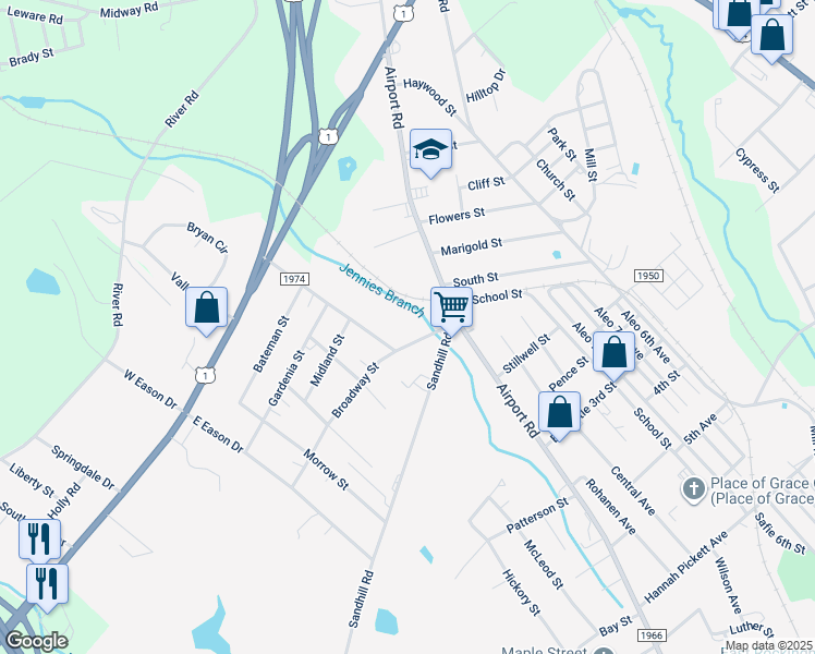 map of restaurants, bars, coffee shops, grocery stores, and more near 116 Broadway Street in Rockingham